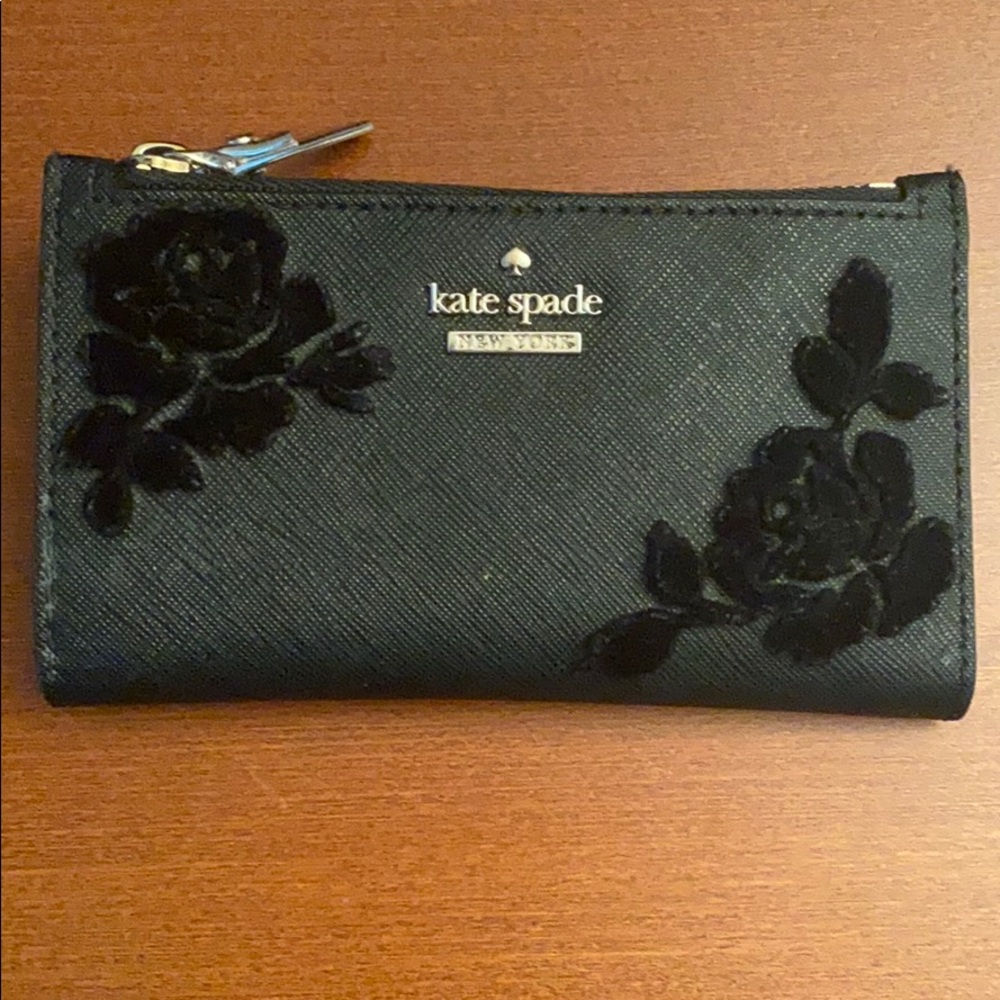 Kate spade black bi fold wallet with appliqué